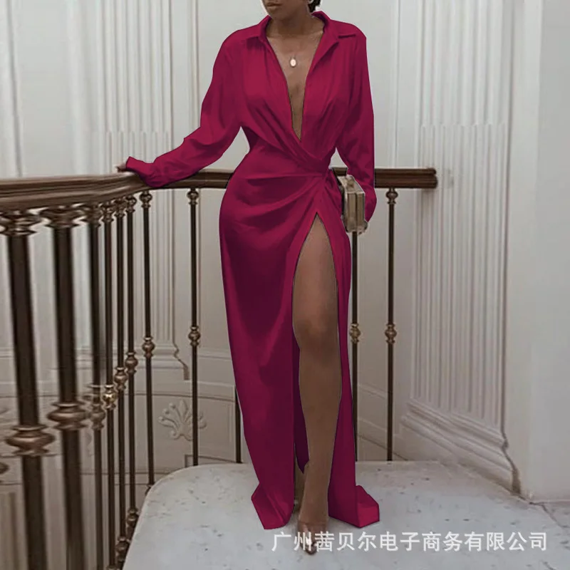 

WEPBEL High Waist Dress Women's Sexy Long Sleeve Slim Dress Summer Casual V-neck Solid Color Slit Dress
