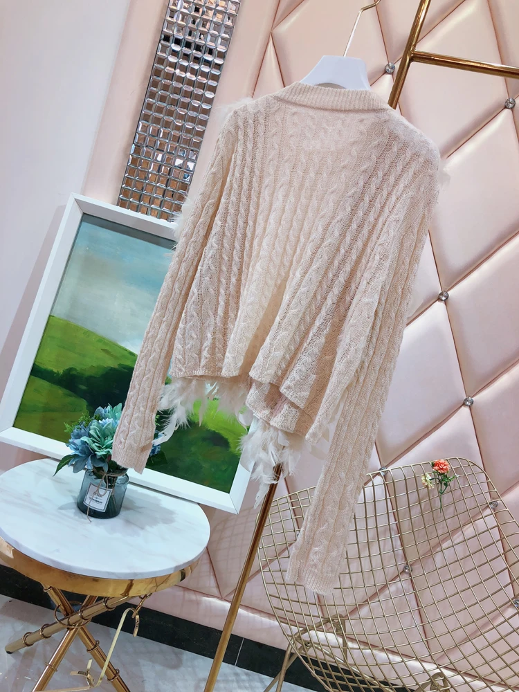 

High Street Feather Sweater for Women Autumn Beaded Round Neck Thin Sweaters Lady Tops Loose Pullover Jumper 2020 New Clothes
