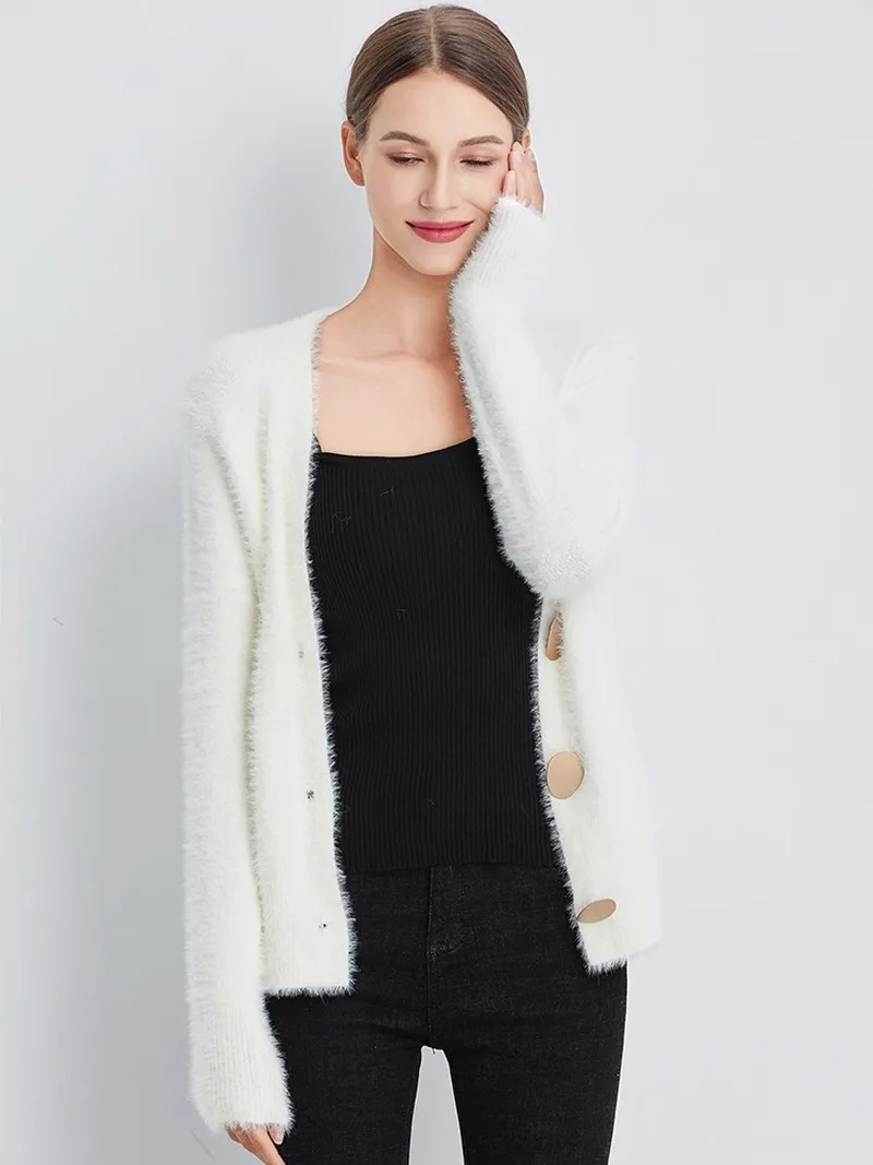 

2020 New Golden Shiny Button Single Breasted Woolen Women Fashion Cardigans Sweater Casual Female Warm Elegant Autumn Winter