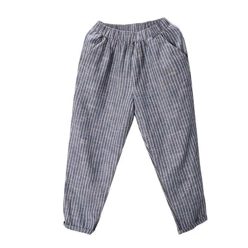 

cotton linen striped women pants 2020 vintage high waist pocket harem casual female pants top quality