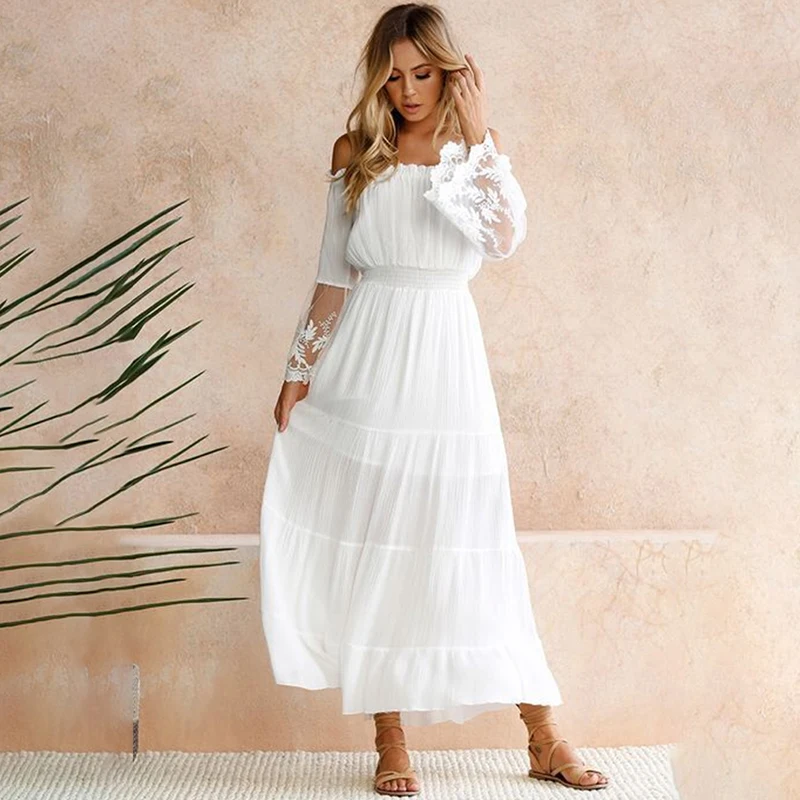 

Long Boho Dress White Sexy Off The Shoulder Beach Sundress Flare Long Sleeve Splice Lace Women Dresses Summer Vestidos