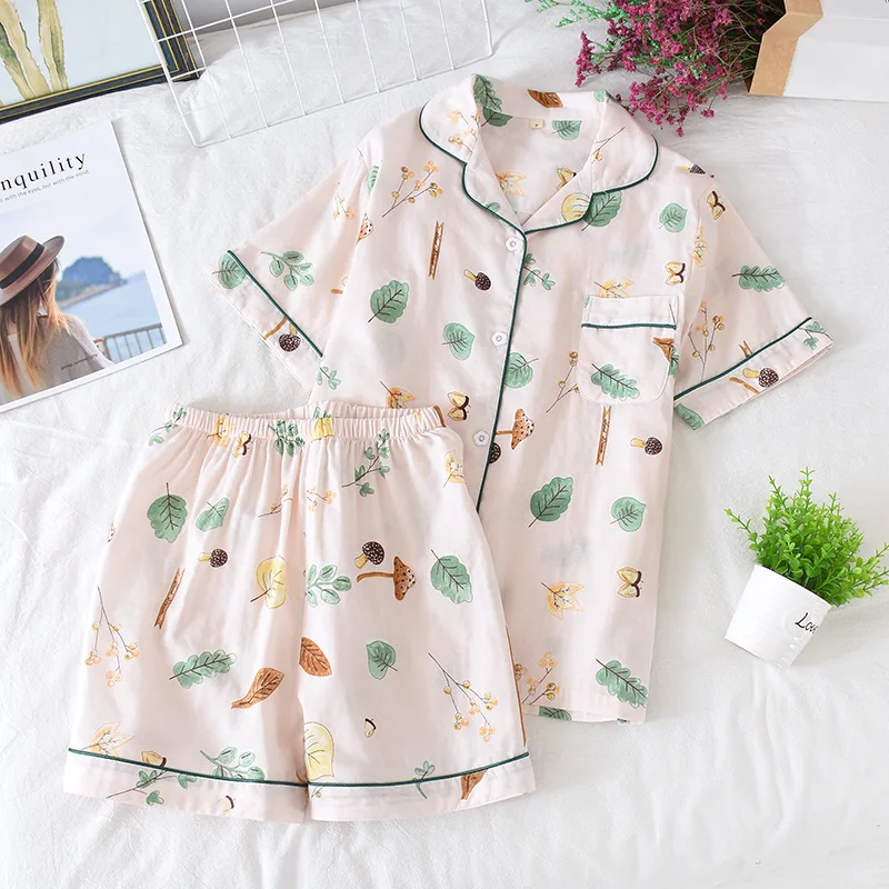 

Pyjamas Women 100% Cotton Short Sleeves Ladies Pajama Sets Shorts Cute Cartoon Print Japanese Simple Sleepwear Homewear Pijamas