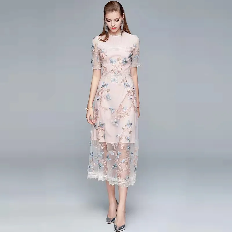

2021 New Arrival Spring Summer Women Dress High Quality Runway Flowers Butterfly Embroidery Mesh Long Dress