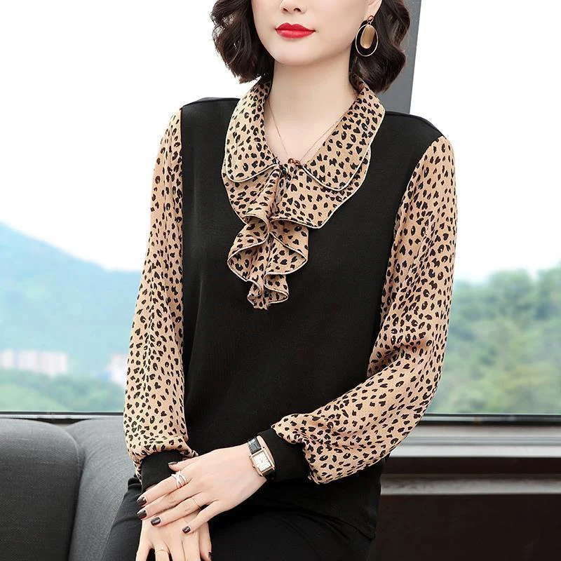 

2021 Women Spring Autumn Style Blouses Shirts Lady Casual Long Sleeve Bow Tie Collar Leopard Printed Loose Blusas Tops