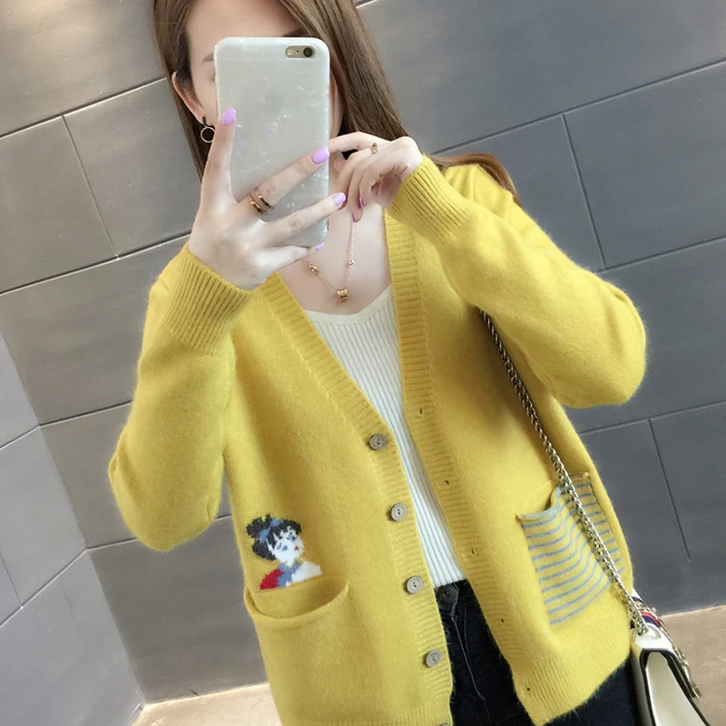 yellow H han queen женский осенний кардиган свитер корейский свободный карман пальто женский модный длинный рукав вязаный жакет Топы - Цвет: yellow