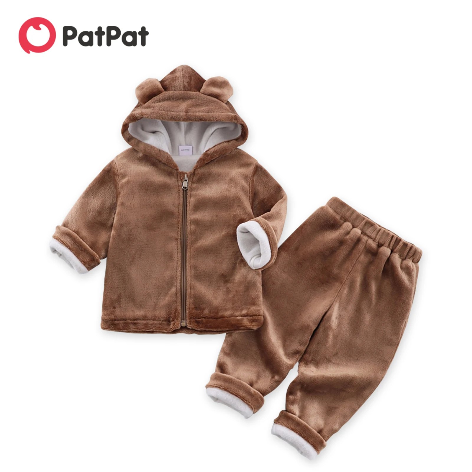 

Комплект из двух предметов для маленьких девочек и мальчиков PatPat, пушистое пальто на молнии с ушками и штаны