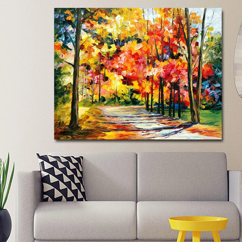 Красочные листья любовник дождь уличное дерево лампа пейзаж картина маслом на