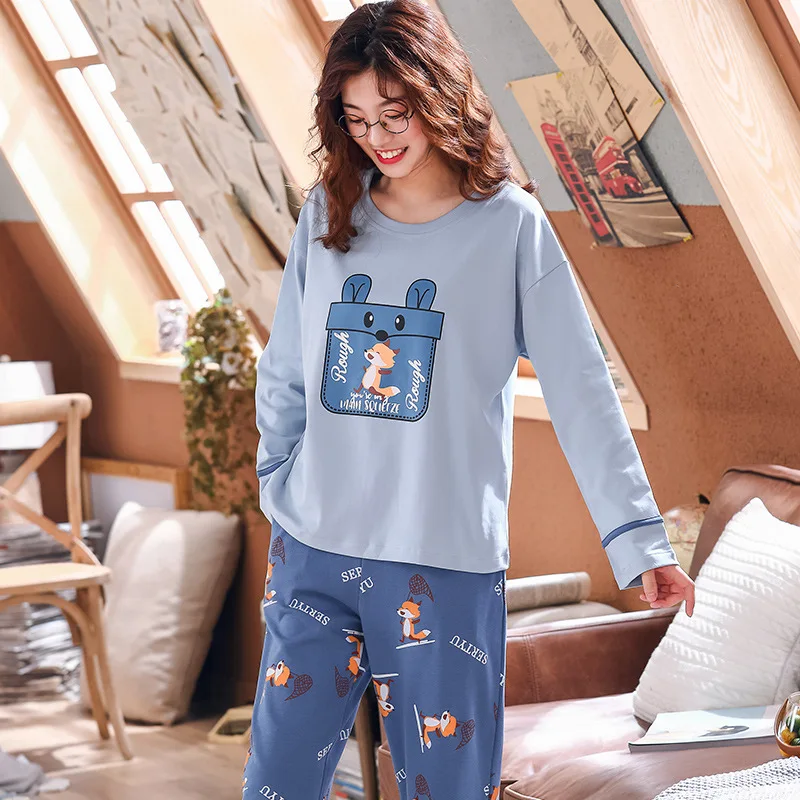 Style 2009 Пижамный комплект, Женский хлопковый весенне-осенний костюм из двух предметов с длинными рукавами, большие размеры, зимние студенческие милые брюки и топ, одежда для сна - Цвет: Style 2009