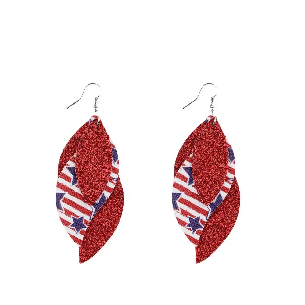 

American Independence Day Festival Glittle Stars and Stripes 3 Layers Leather Dangle Drop Earrings Independence Day Leather