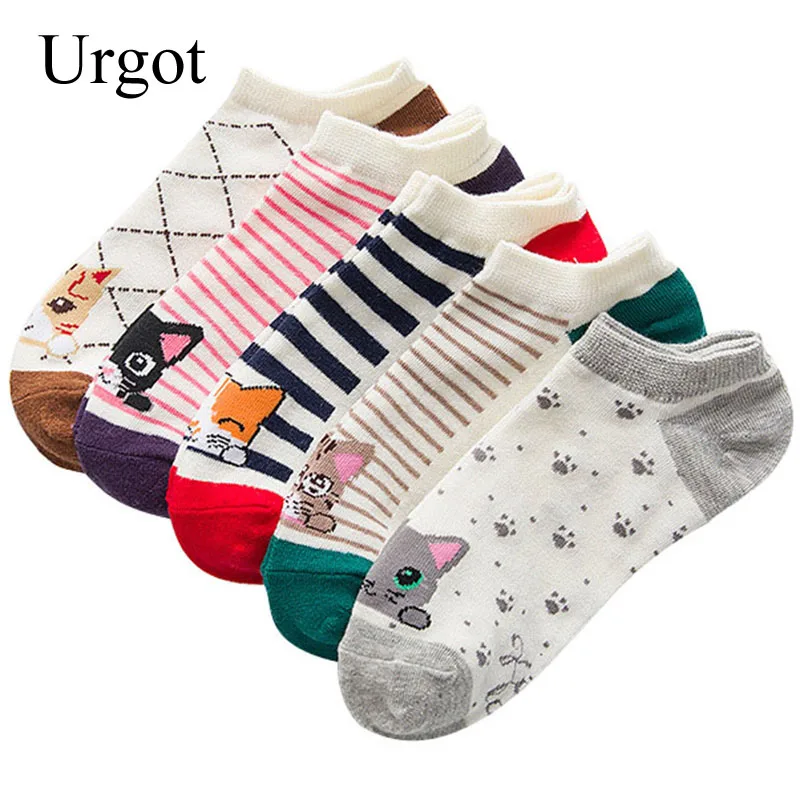 5 Pairs Women Cotton Ankle Socks Soft Comfortable Elasticity Sock Mouth Interesting Cartoon Cat Striped Color Happy Casual Socks