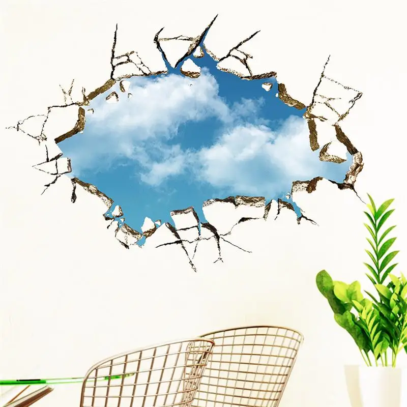 

Blue Sky Cloud 3d Broken Hole Wall Stickers Living Room Bedroom Decor Diy Home Decals Pvc Scenery Mural Art Peel And Stick