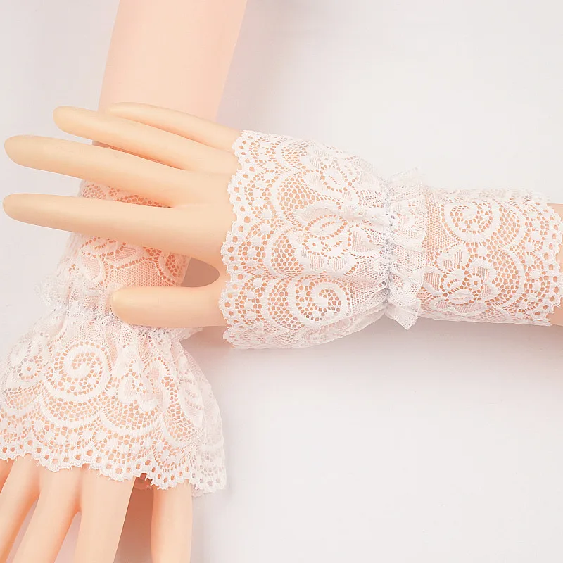 

Women Lotus Leaf Fake Sleeves Crochet Floral Lace Pleated Ruffles Horn Cuffs Sweater Decorative Sunscreen Wrist Warmers