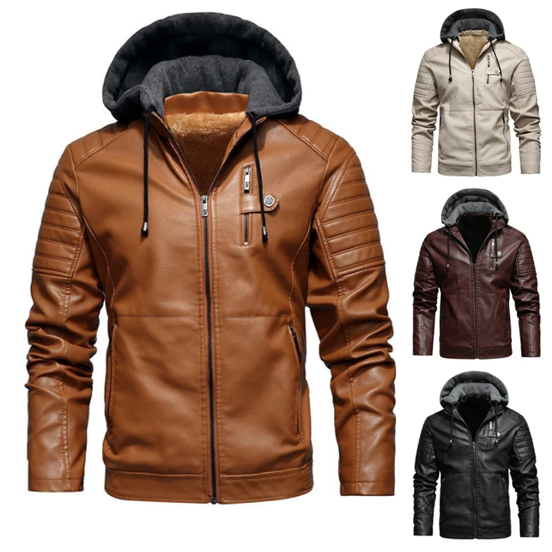 

Мужские зимние кожаные куртки, пальто для мотоциклов, флисовая утепленная мотоциклетная куртка из искусственной кожи, Байкерская теплая ко...