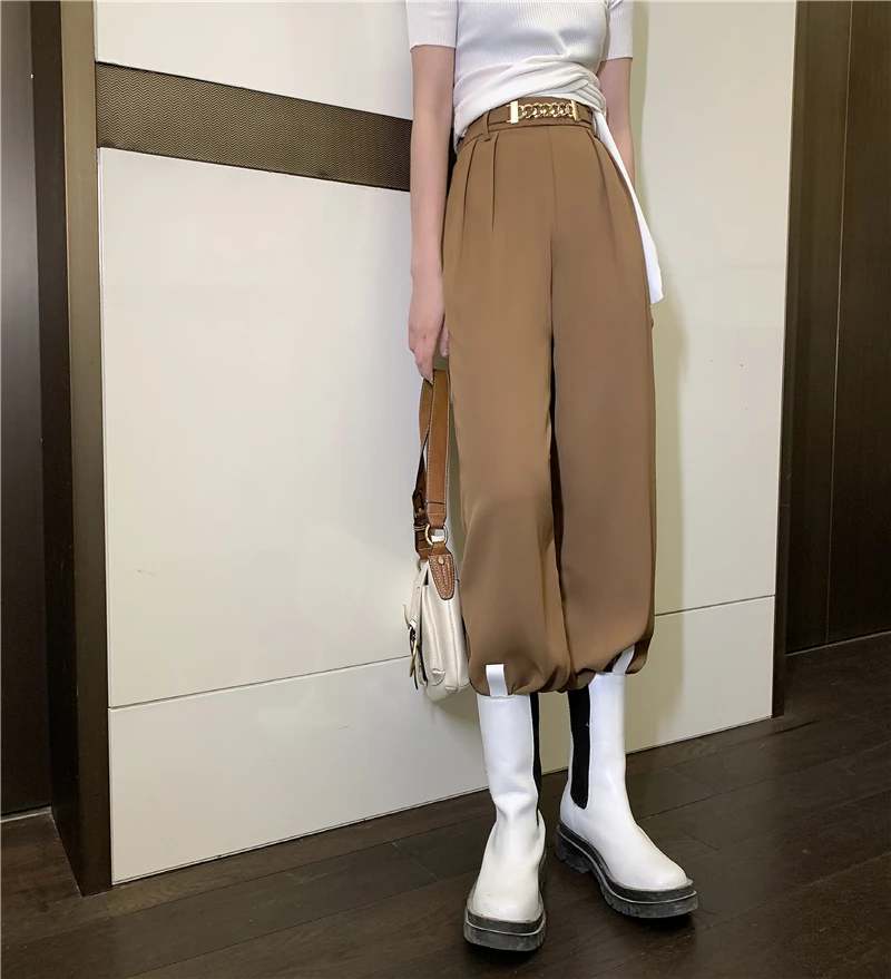 

2021 Spring Summer Chain High Waist Wide Leg Suit Pants for Women Casual Sreetwear Long Slim Trousers Ladies Ankle Length Pants