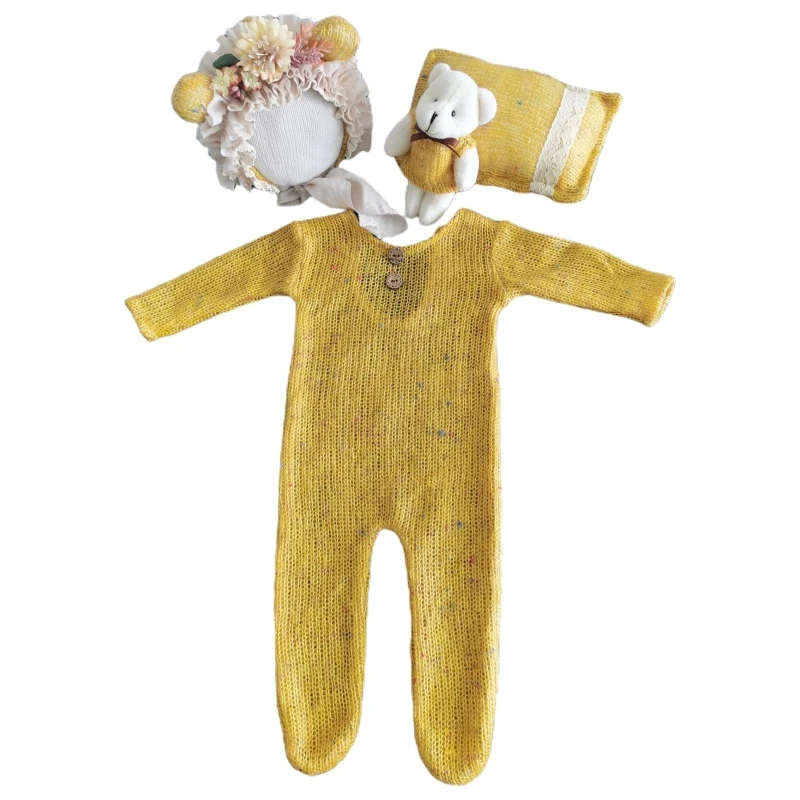 

4 Pcs/Set Baby Infants Hat Pillow Jumpsuit Bear Doll Newborn Photography Props Q1FE