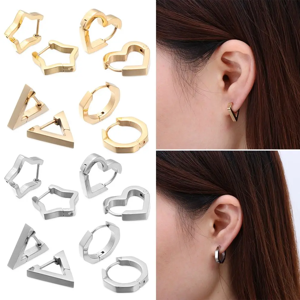 

Gothic Punk Stainless Steel Stud Earrings Geometric Heart Triangle Hoop Dangle Earrings Piercing Jewerlry for Women Men