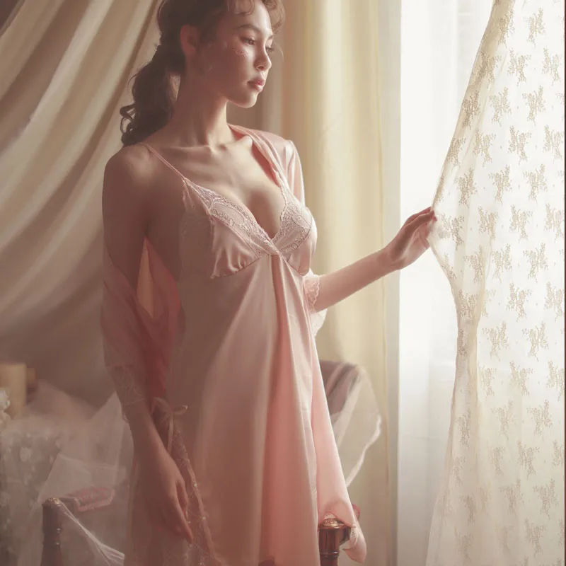 robe and nightdress1 Женская пижама с лямкой на шее и сексуальное ночное белье, комплект для отдыха из двух частей, сексуальные кружевные прозрачные шелковые халаты для - Цвет: robe and nightdress1