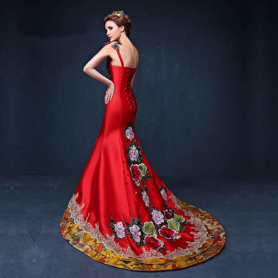 Blue Long Mermaid Evening Dress Embroidery Bride Wedding Cheongsam Chinese Party Dresses Robe Chinoise Trailing Princess | Тематическая