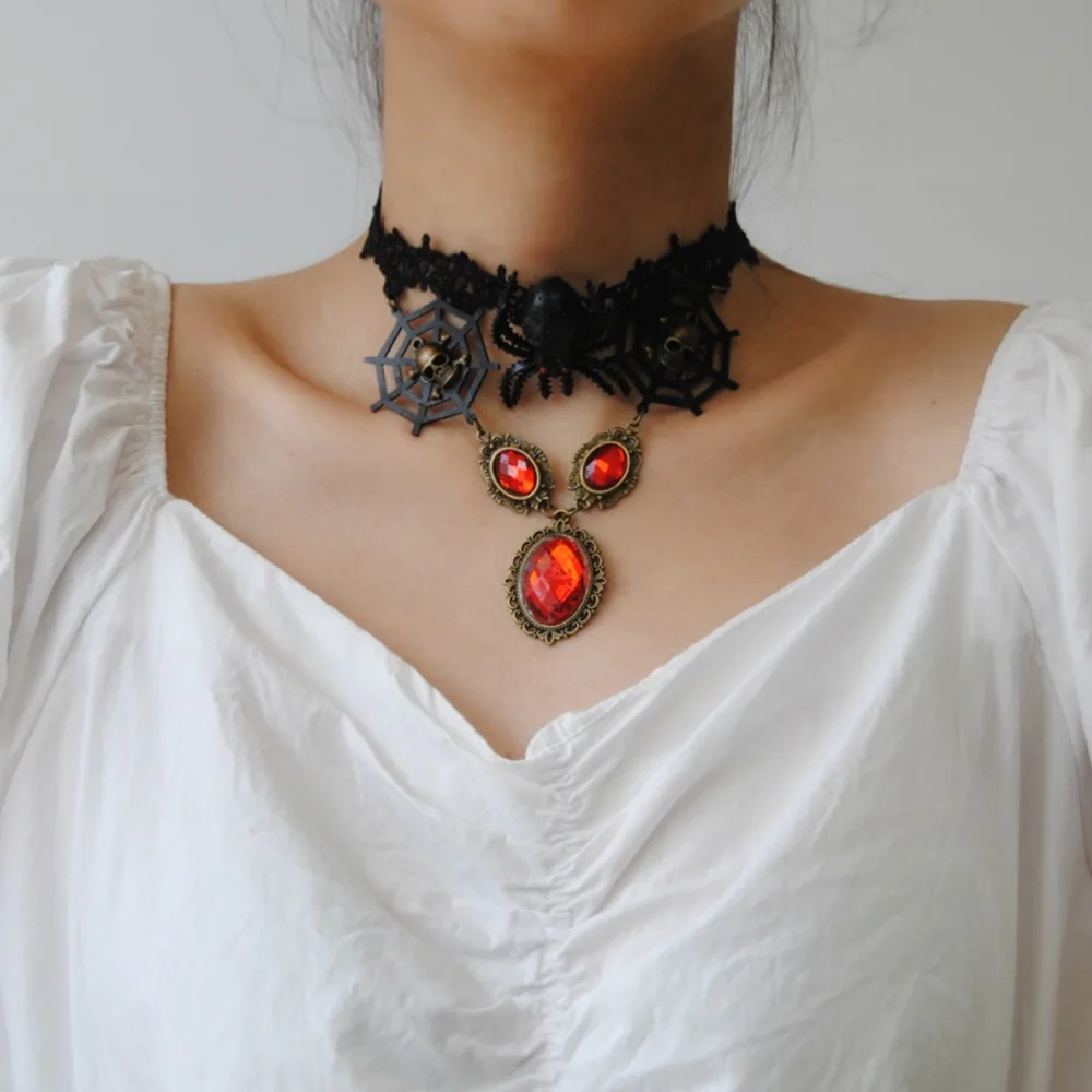 Ажурное черное кружевное ожерелье в виде скелета подвеска паутины