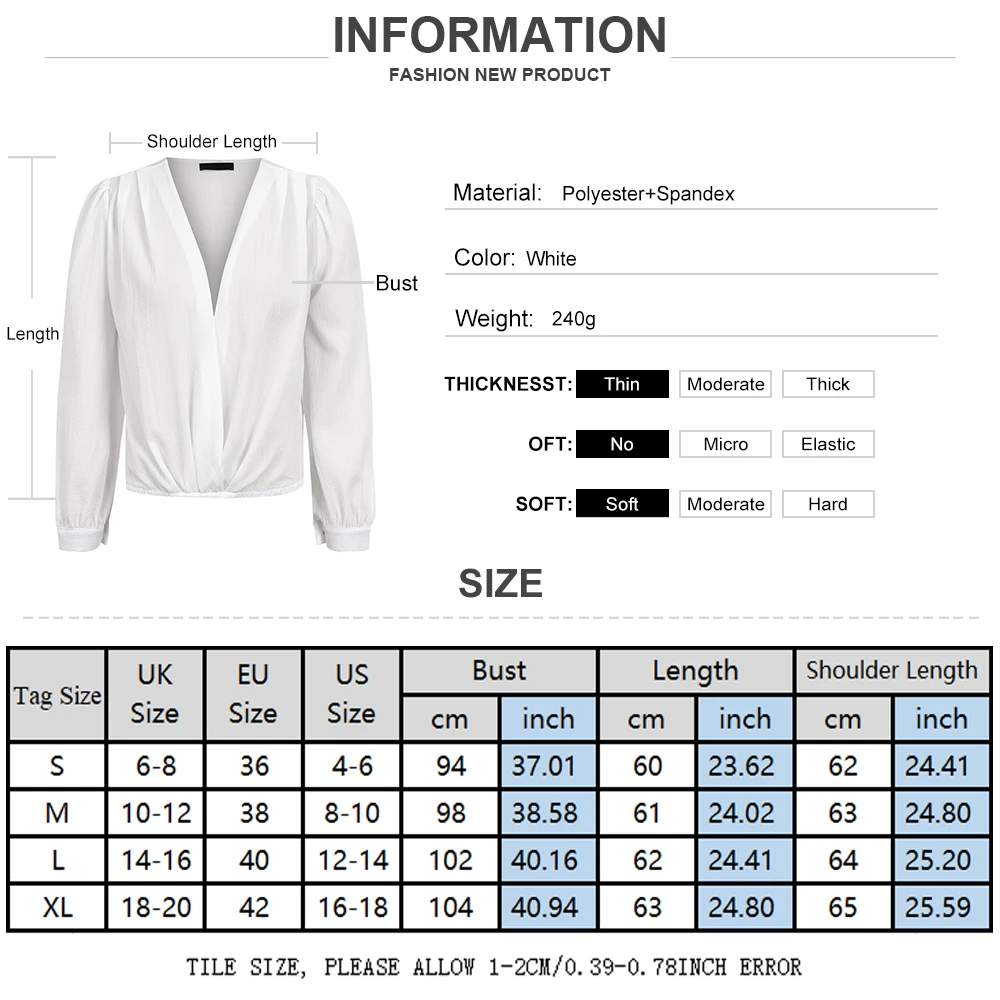 

Women Solid White Sexy Deep V Neck Chiffon Blouse Loose Wrap Blouses Tops Long Sleeve Office Ladies Blouses Elegant OL Tops D30