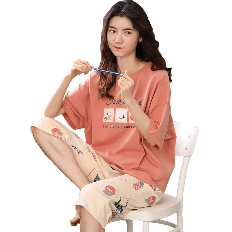 

New Pajamas Woman Pure Cotton Short Sleeve Summer Fashion Leisure Household To Take Loose Big Yards Pajamas Camisola Nightwear