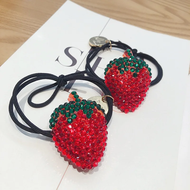 

Cartoon Strawberry Elastic Hair Bands Red Crystal Rhinestone Hair Ties Jewelry Headband Hair Accessories for Women Girls Kids