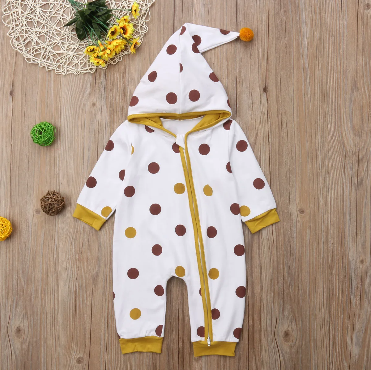 Комбинезон в горошек с капюшоном на молнии для новорожденных мальчиков и девочек