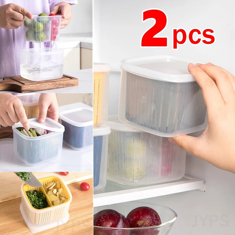 

1-2pc Refrigerator Kitchen organizer Foods Fresh Fruit Spice storage box with silicone cover Multifunction Cabinet Filter basket