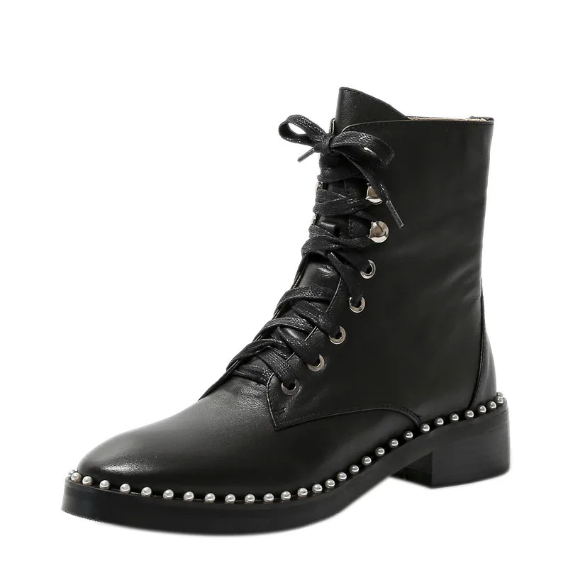 

FOREADA Real Leather Ankle Boots Platform Med Heel Woman Boots Pearl Lace Up Short Boots Block Heel Female Shoes Autumn Winter