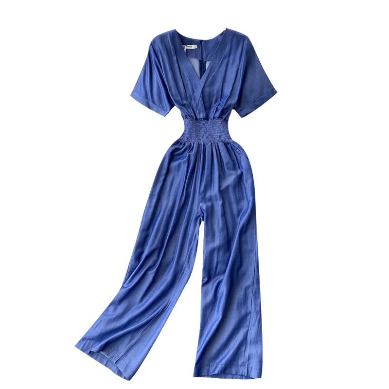 

SINGRAIN Elastic Ruched Women Denim Rompers Fashion V Neck Simple Solid Jumpsuits Summer Holiday Beach Wide Leg Long Rompers