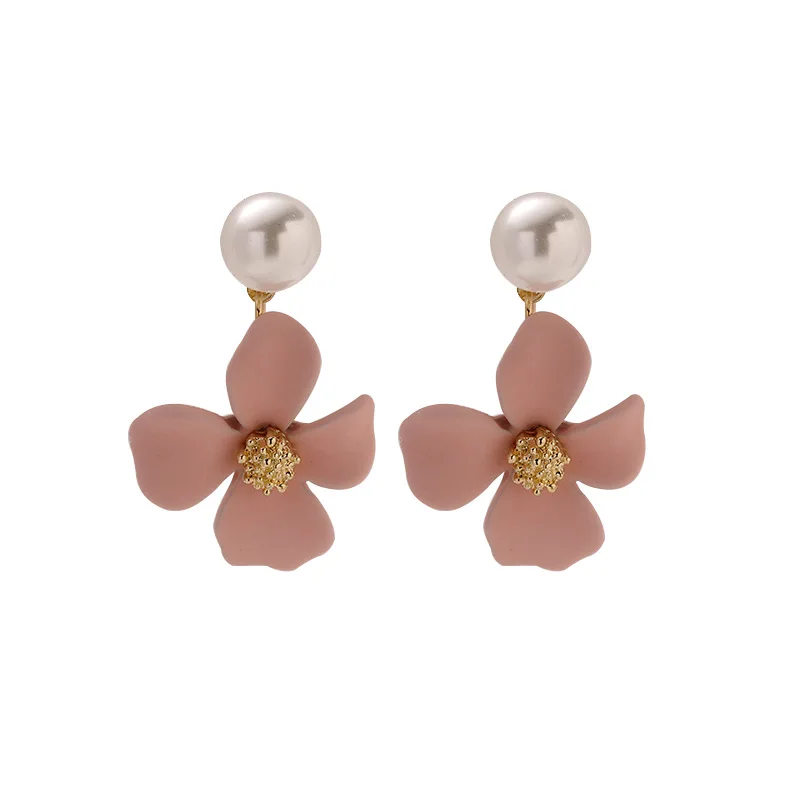 

Matte Candy Color Pink Yellow White Flower Pearl Drop Earrings For Women Small Clip On Earring Romantic Jewelry Party Gift