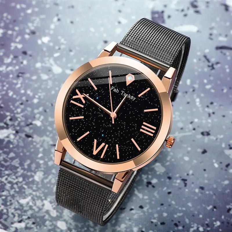 Модные женские черные часы из нержавеющей стали с сетчатым ремешком кварцевые