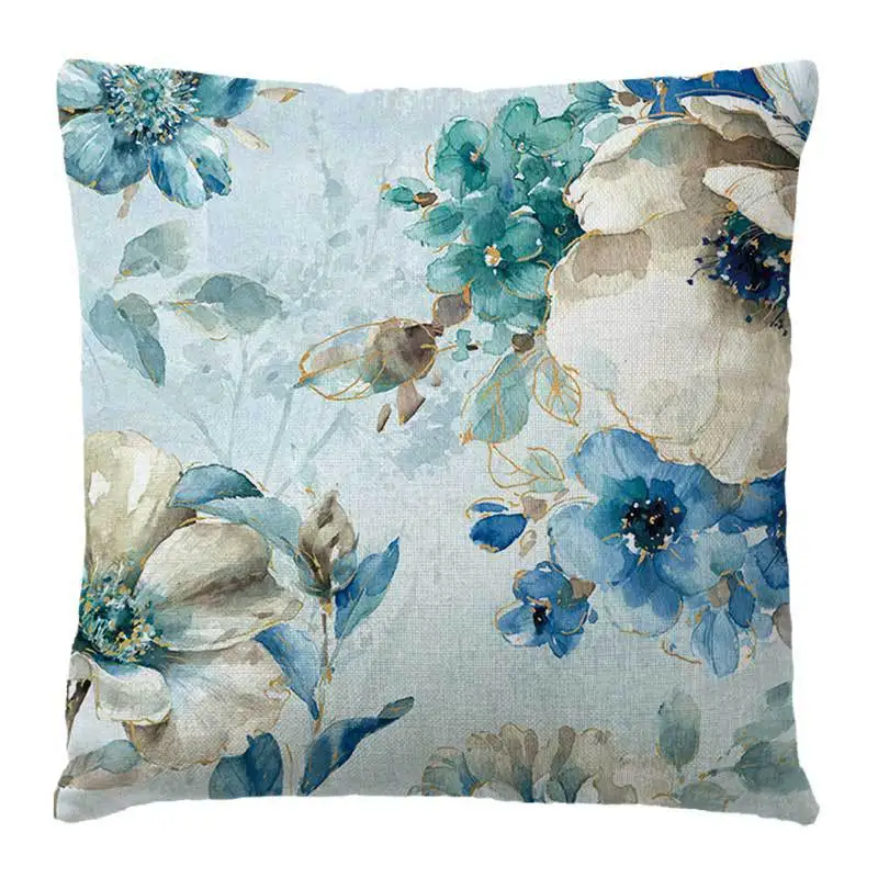 Artistic Oil Painting Design Cushion Cover Vintage Bird And Flower Floral Printed Blue Linen Pillowcase Sofa Throw Pillows Case | Дом и сад