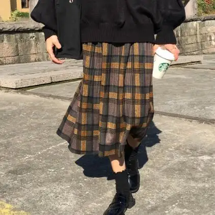 2020 New Fashion Autumn Winter Preppy Harajuku Vintage Pleated Plaid Skirt Loose Quality Female Long DV55 | Женская одежда