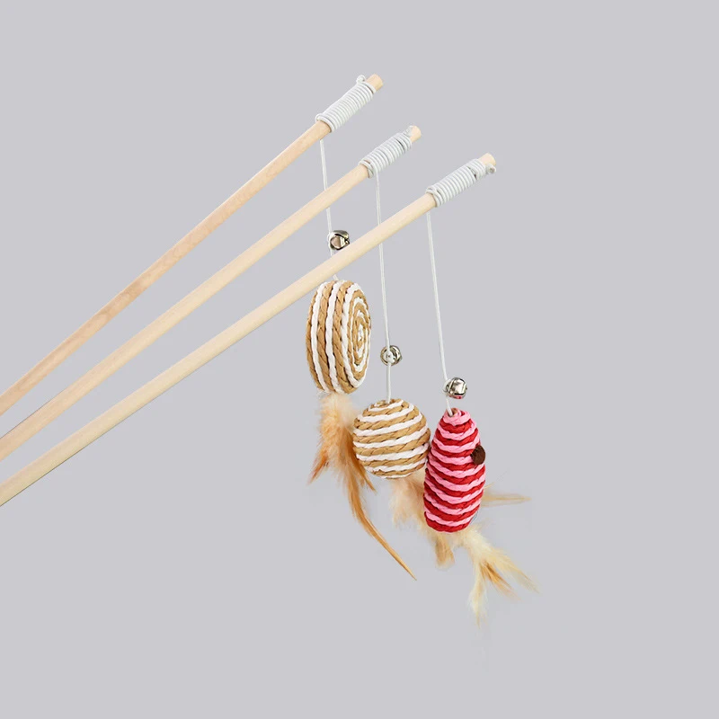 

Cartoon Pet Cat Teaser Toys Feather Wood Rod Mouse Toy With Mini Bell Cat Catcher Teaser Wooden Stick Cat Interactive Toys