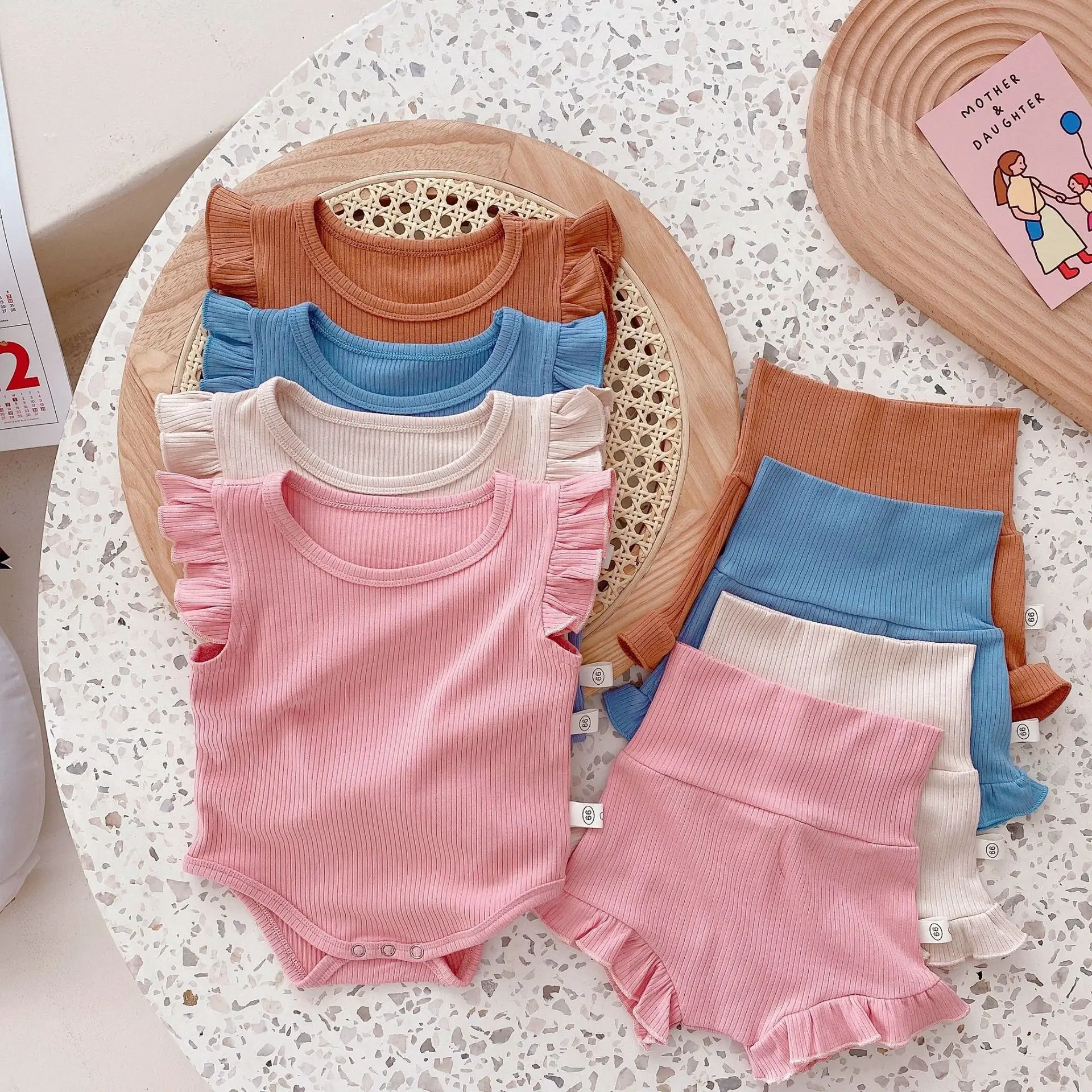 

Newborn Infant Baby Clothes Sets Ruffle Solid Sleevless Romper Girls Clothes Round Collar Jumpsuit + High Waist Shorts 2pcs Suit