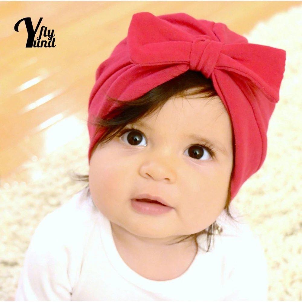 

Yundfly 20*17 CM Soft Comfortable Cotton Infant Caps Solid Color Bowknot Baby Turban Hat Bows Headwear Kids Hair Accessories