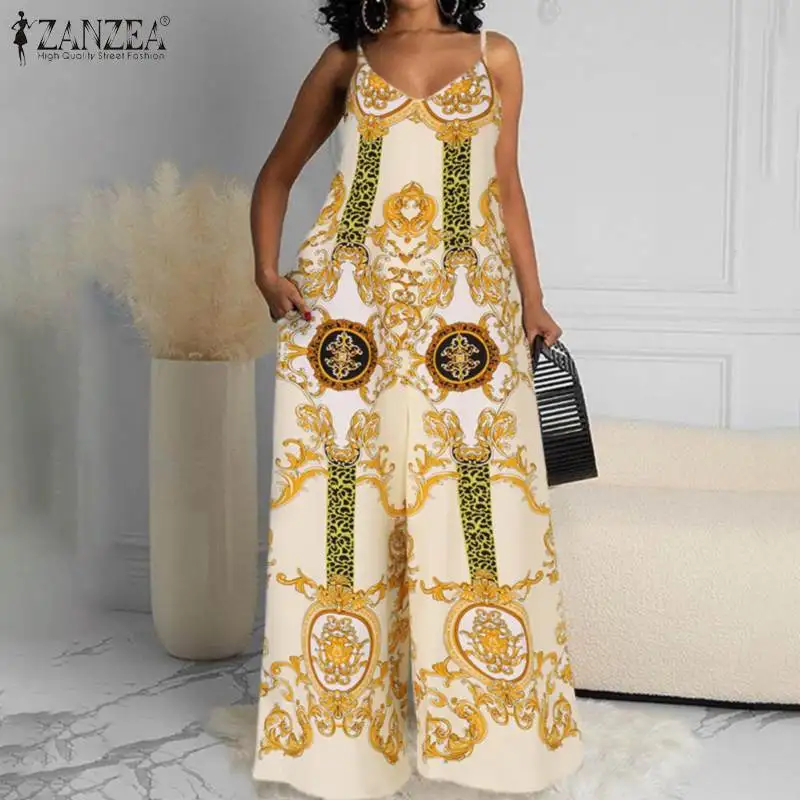 2022 Summer Bohemian Playsuits Womens Wide Leg Overalls ZANZEA Floral Print Jumpsuits Holiday Beach Casual Sleeveless Romper