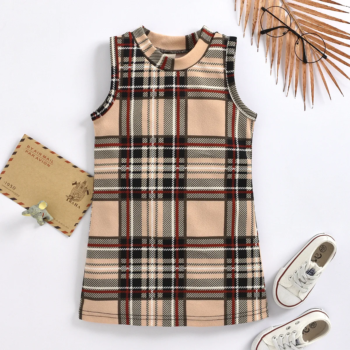 

Summer KIDS Girls Summer Sleeveless Short Sleeves Dress Fashion Stitching Plaid Printing Straight Princess Clothes