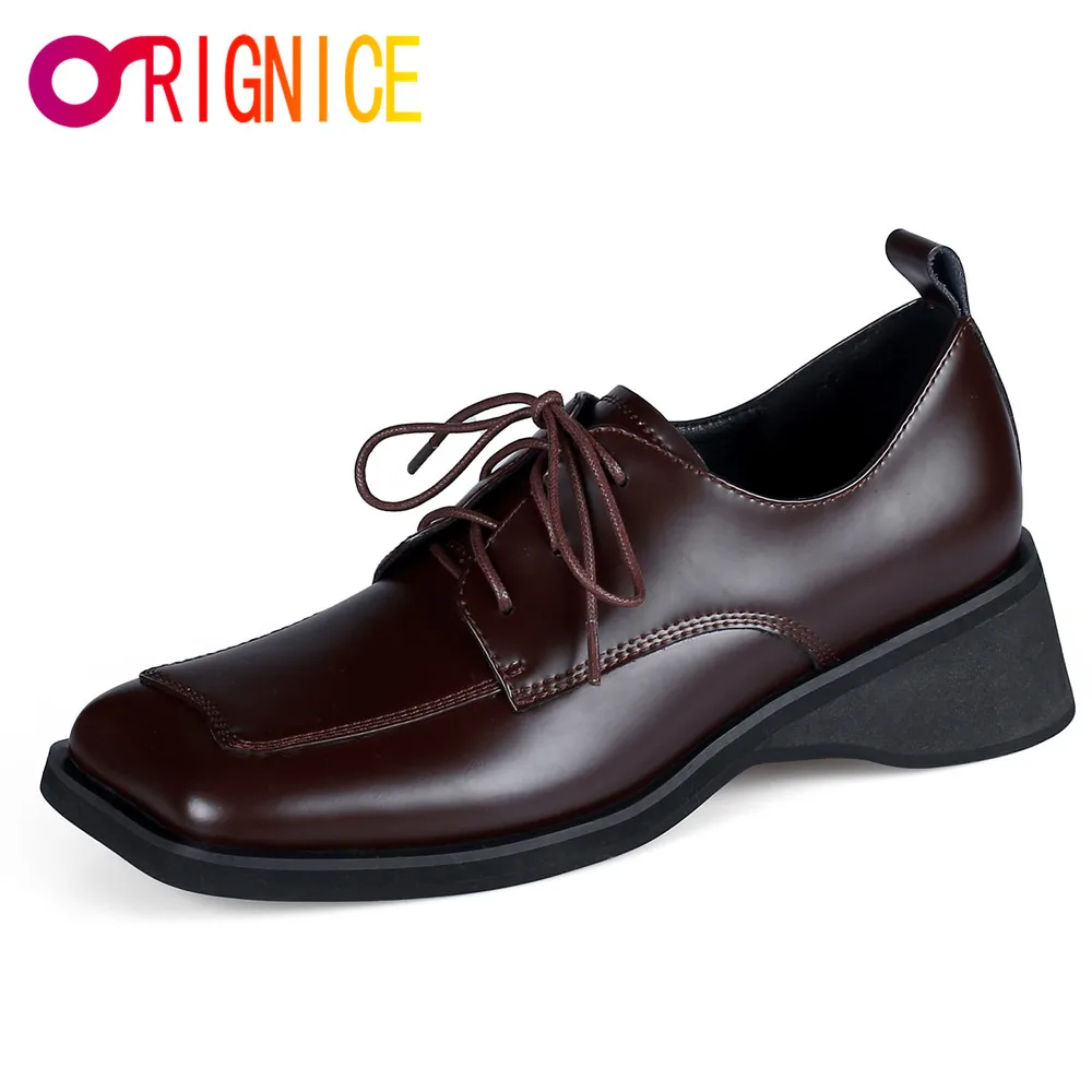 

Orignice Women Patent Leather New Spring British Style Low Heels Pumps Black Strange Square Toe Lace Up Party Prom Casual Shoes