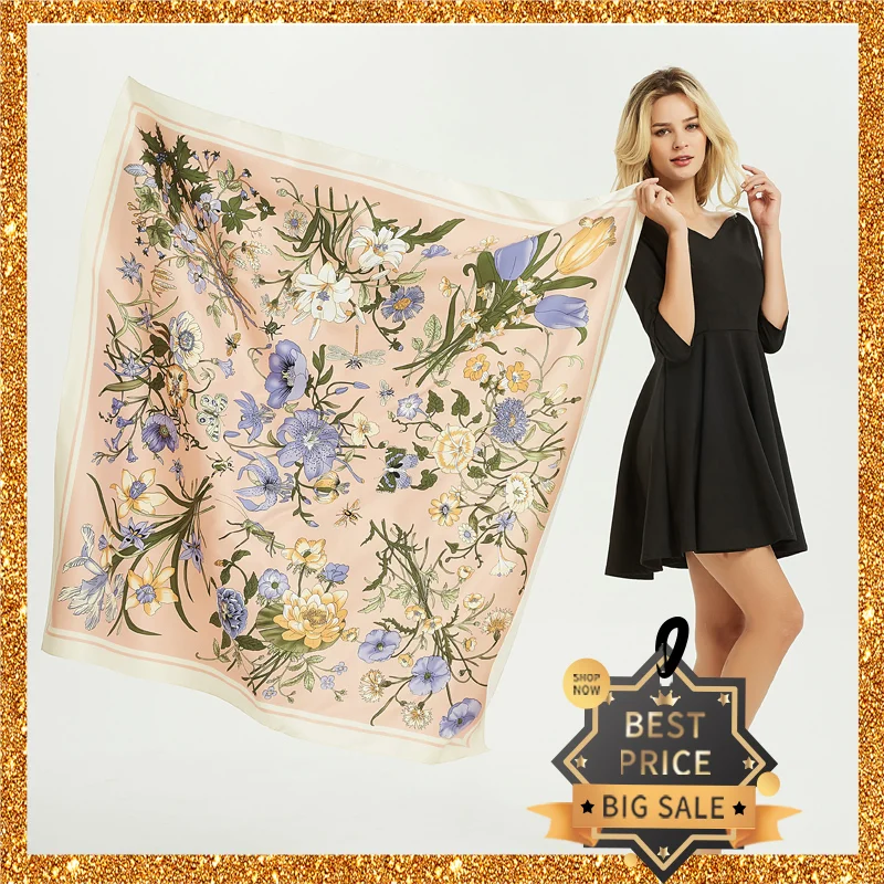 

2020 New Print Women Big Scarf 130cm Square Pashmina Twill Silk Feeling Ladies Kerchief Luxury Scarves Hijab Fashion Shawl Wrap