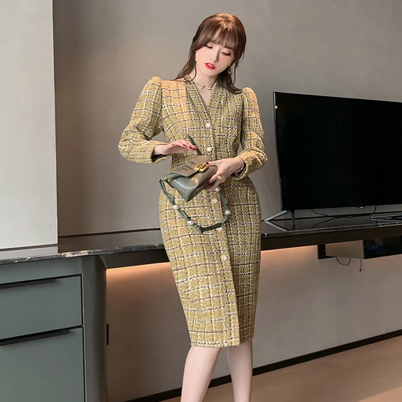 

new arrival fashion korean winter OL professional long jacket women temperament trend woolen plaid yellow slim midi wild coat