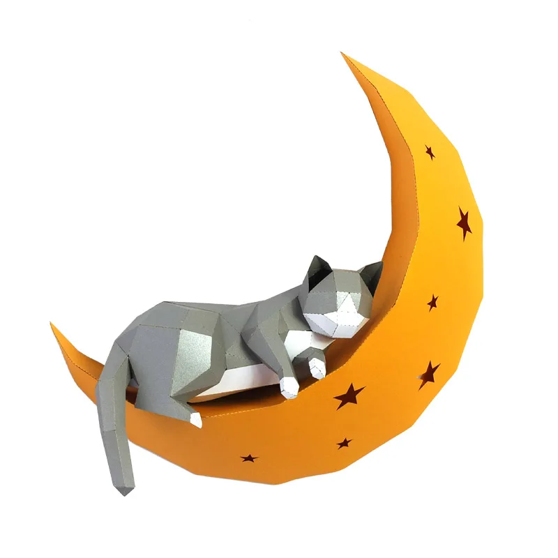 As picture 3D Кот на Луне, бумага для животных, настенная скульптура, модель игрушка для декора дома, декор для гостиной, бумага для творчества, модель, вечерние подарки - Цвет: As picture
