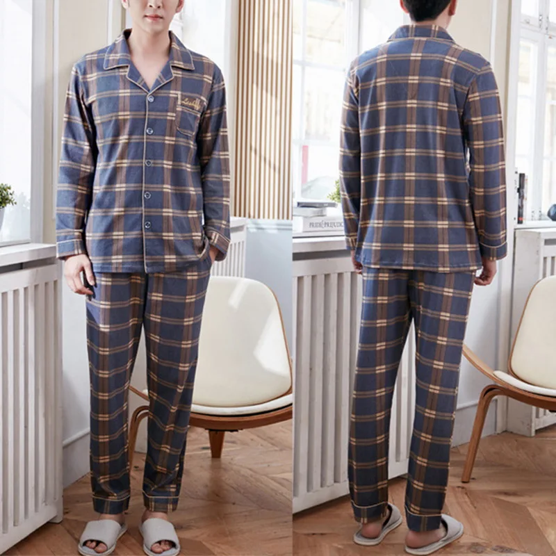 Осень 2022 повседневные хлопковые Пижамные комплекты в полоску для мужчин длинные