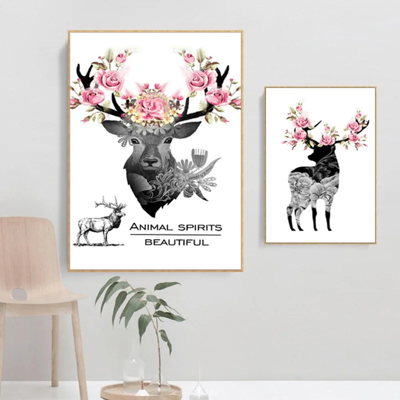 RELIABLI Арт холст картины Черный и белый олень с цветком фотографии Wall ART Для