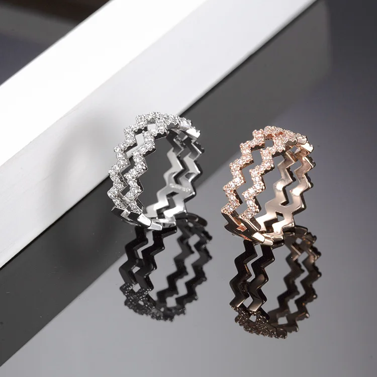 

2021 French Bohemian Wave Ring Fashion Lady Rose Gold Plated Double Layer Ring Charm Lady AAA Zircon Exquisite Wedding Jewelry