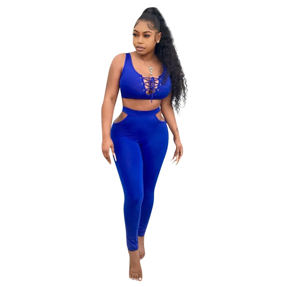 

Two Piece Women's Clothing Sexy Breast Wrapped Personality Eyelet Straps Fashion Hollow Solid Color Temperament Commuter Suit