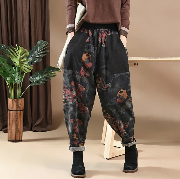 Женские осенние джинсы в стиле ретро с цветочным принтом Лоскутные трикотажные