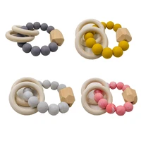new baby teether bracelet organic wooden ring natural teething grasping toy silicone bead toddler teether newborn diy baby gifts