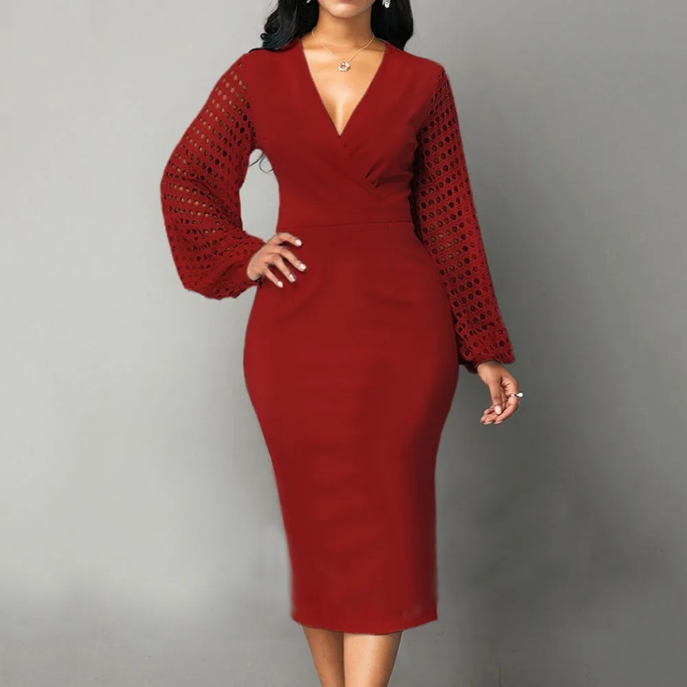 

Western Style 2021 Spring Autumn New African Fashion Temperament Commute Women Dress Hollow Out V-neck Long Sleeve High Waist